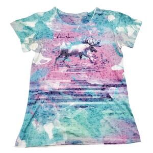 Y2K Kid Tees Alaska Multicolor Water Color Moose T-Shirt Girls S Lightweight